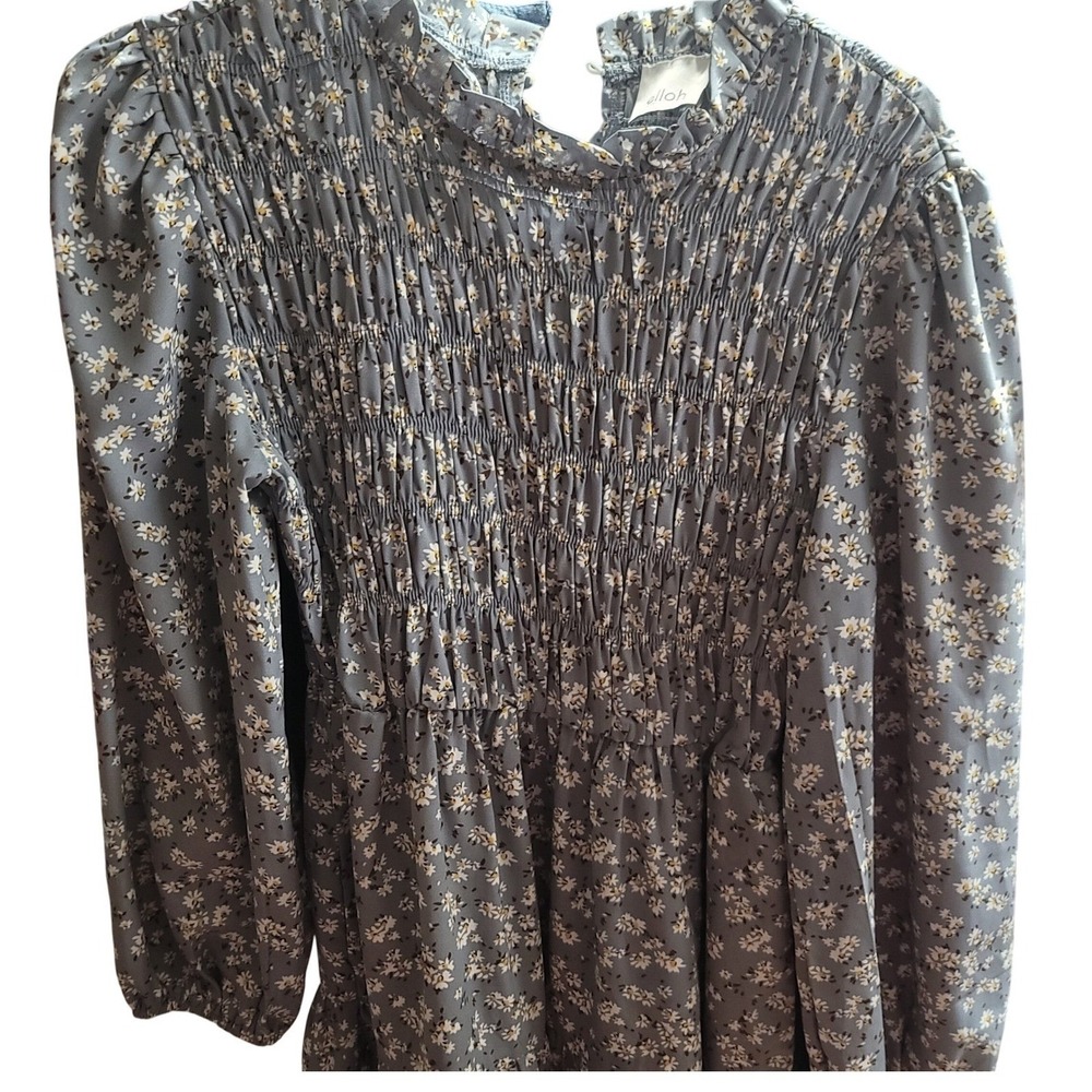 Elloh Floral Smocked Mock Neck Tiered Mini Dress Gray Long‎ Sleeve S Cottagecore